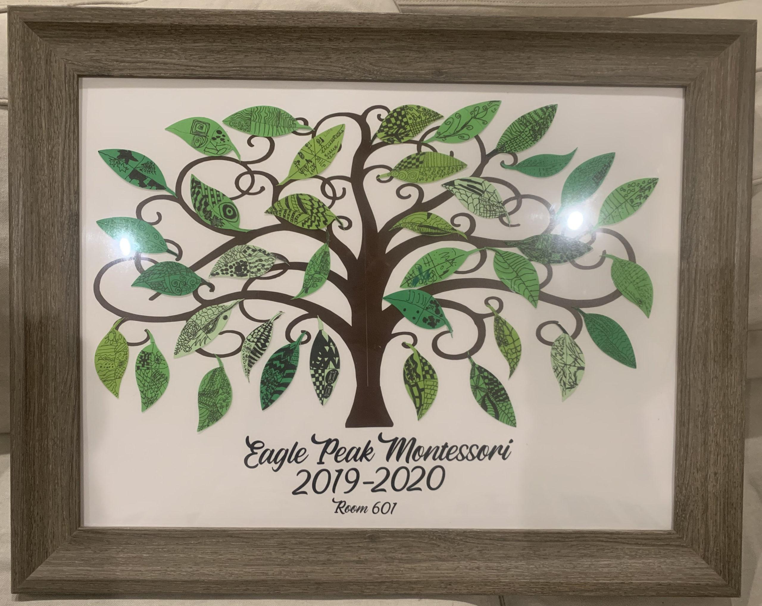 Auction Item of the Day orignal artwork beautiful tree with custom leaves framed in glass cfep eagle peak montessori school
